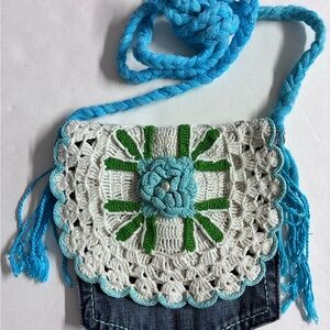 Women’s Denim Crossbody Purse, Handmade, Upcycled, Crocheted Flap, Lined